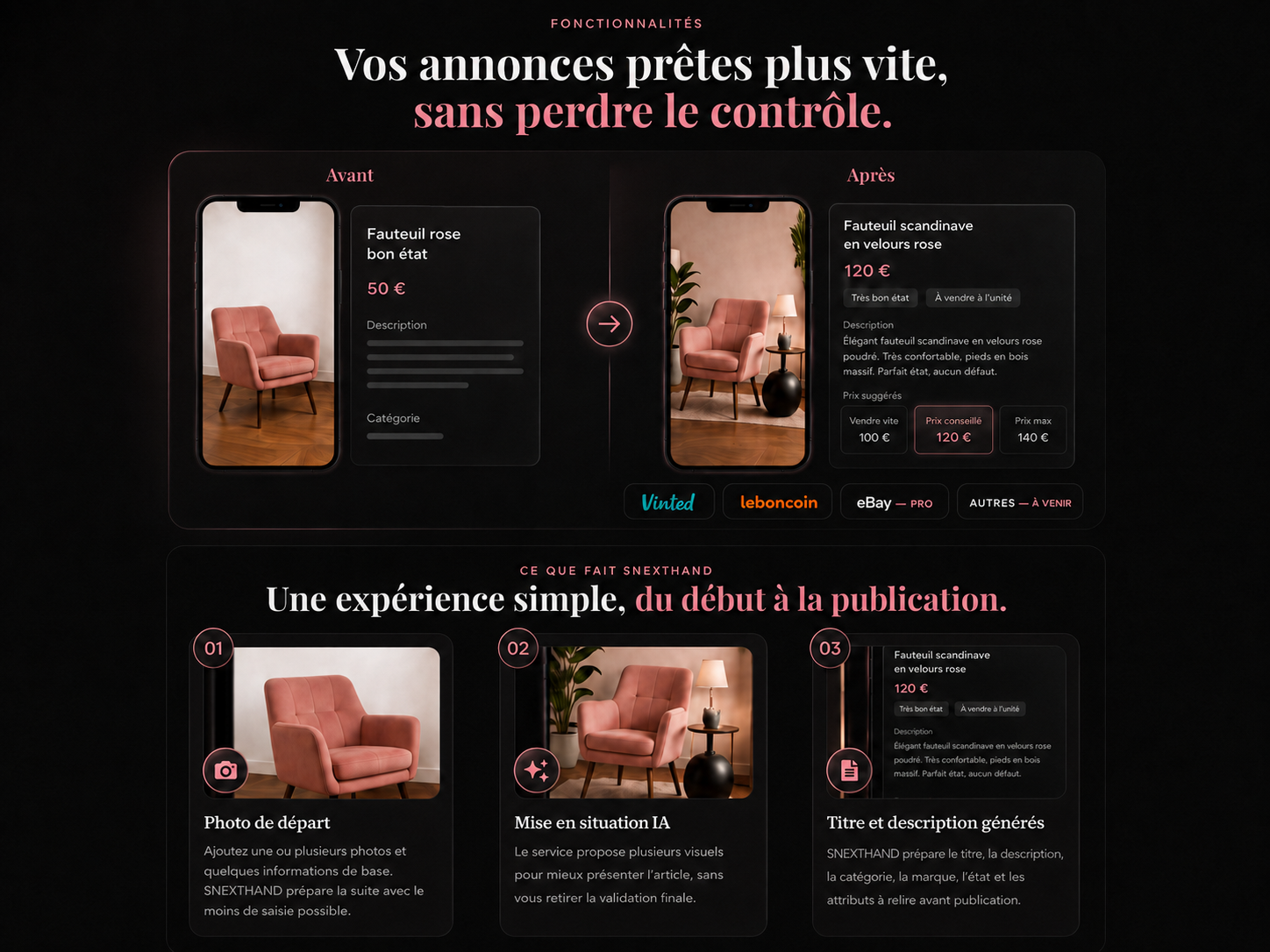 Parcours SNEXTHAND de la photo à l’annonce générée